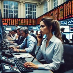 DALL·E 2024-06-30 14.24.50 - A young female executive in a trading room in London, surrounded by numerous financial screens. The environment is bustling with stressed men on the p